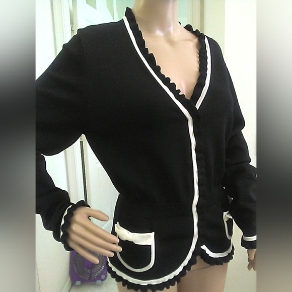 VINTAGE 90S LUX KATE HILL KNIT Elegant Black Cardigan W/ Cream Accents" SZ. XL - Picture 1 of 12